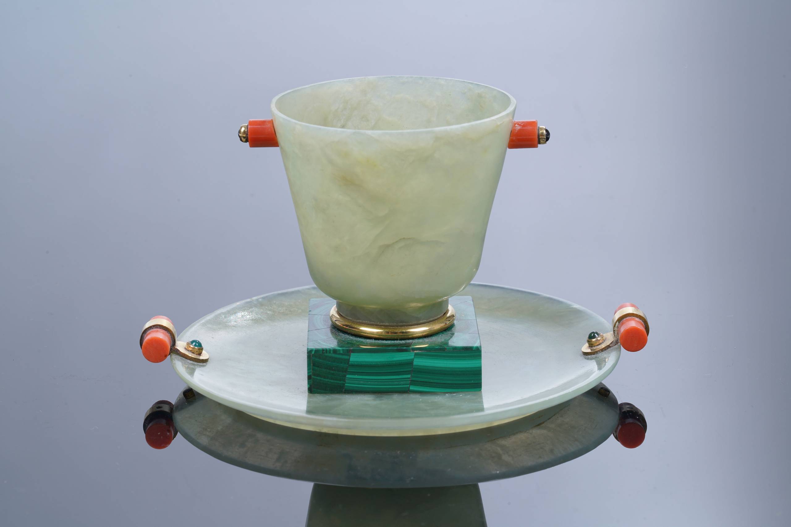 ART DECO ROUND JADE, GOLD, CABOCHON EMERALD AND CORAL SAUCER AND ONE ...