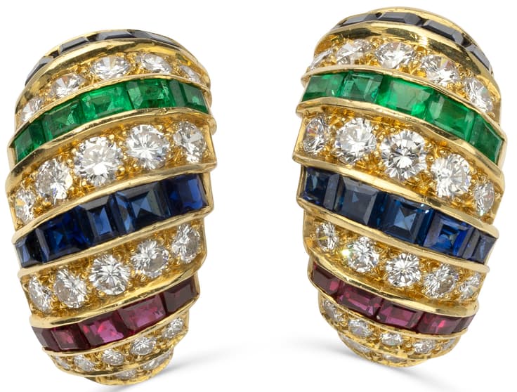 CARTIER 
18K YELLOW GOLD DIAMOND SAPPHIRE EMERALD AND RUBY EARRINGS, CIRCA 1980