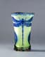 BOHEMIAN ART NOUVEAU VASE IN YELLOW AND
BLUE GLASS DECORATED WITH DRAGONFLIES,
FLOWERS AND STONES