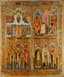 FOUR-PART ICON ‘THE PROTECTING VEIL OF THE MOTHER OF GOD’, ‘ENTRANCE OF THE MOTHER OF GOD INTO THE TEMPLE’, ‘SAINTS PETER, JOHN OF MOSCOW AND PAUL’, ‘SAINTS HELENA, NICHOLAS AND ANNA’
Mstera, Russia, late 19th century