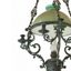 LUSTRE À PÉTROLE À NEUF LUMIÈRES EN BRONZE PATINÉ ET OPALINE BLEUTÉE
France, fin du 19ème siècle