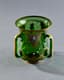 BOHEMIAN EMERALD GREEN GLASS VASE WITH THREE HANDLES AND GOLD DECO-RATION, EARLY 20TH CENTURY