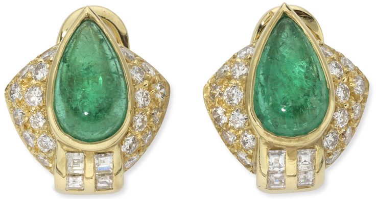 BVLGARI
18K YELLOW GOLD DIAMOND AND CABOCHON EMERALD EARRINGS, CIRCA 1980S