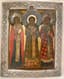 AN ICON ‘SAINTS GREGORY THE THEOLOGIAN, 
BASIL THE GREAT AND JOHN CHRYSOSTOM’ 
IN A SILVER OKLAD
Central Russia, early 19th century