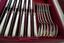 SILVER CUTLERY SET ENGLISH STYLE, 19TH CENTURY
Full cutlery set for 12 persons comprising: ladle, large serving fork, large serving spoon, 12 dinner forks, 12 dinner knives, 12 dinner spoons, 12 dessert forks, 12 dessert knives, 12 dessert spoons, 12 tea spoons, 12 coffee spoons