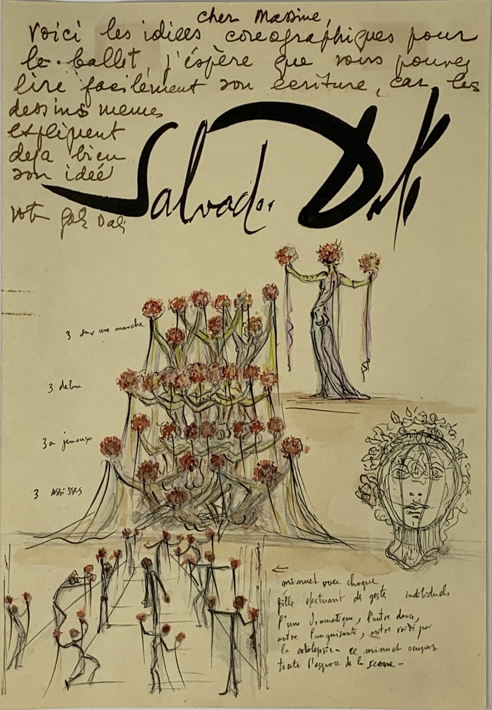 Salvador Dalí, composition de groupe de douze danseuses pour le ballet Mysteria, encre et aquarelle