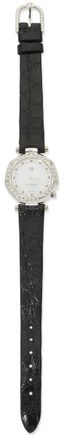 MONTRE-BRACELET DE DAME VINTAGE GMT HEPTAGONE OR GRIS 18K SAPHIRS ET DIAMANTS, ANNEES 1990