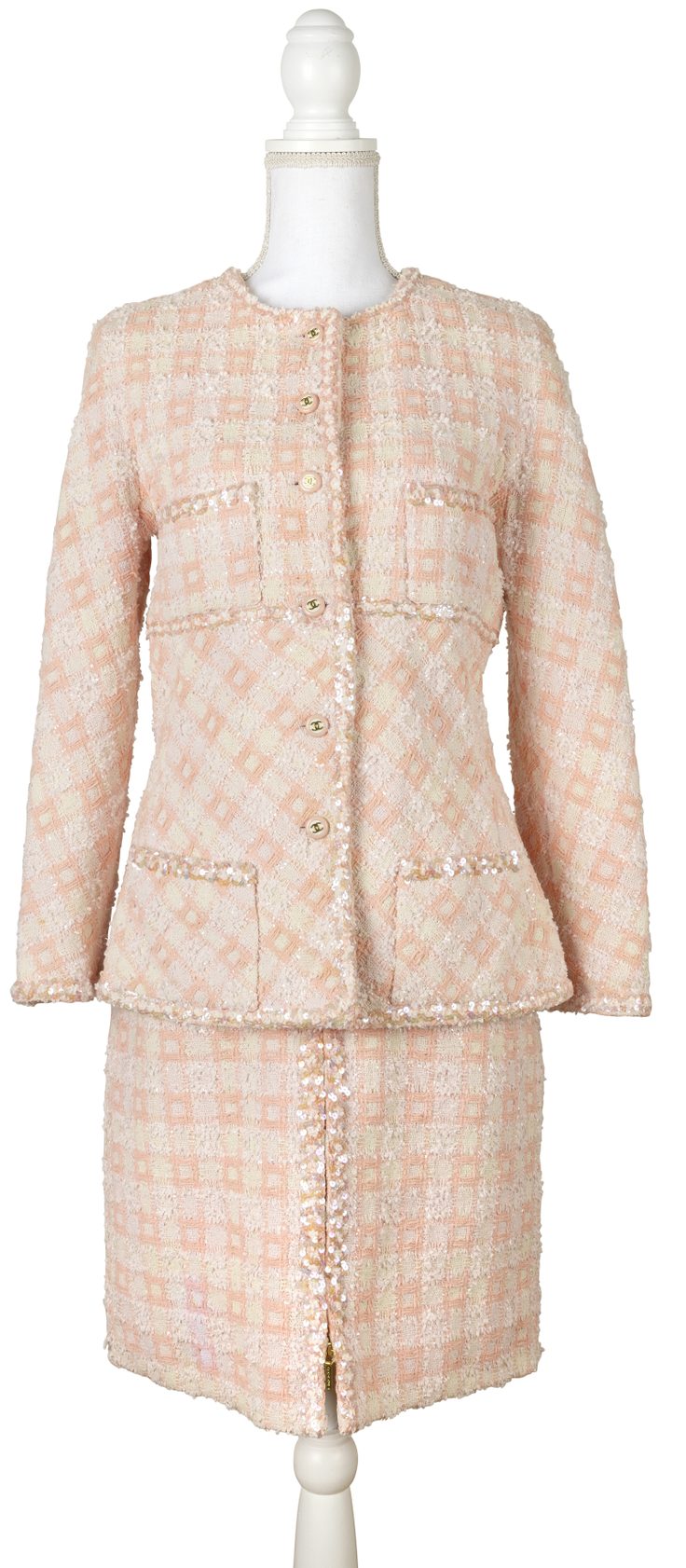 CHANEL BY KARL LAGERFELD READY TO WEAR SPRING 1995
Pink tweed and sequin skirt suit