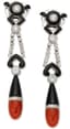 18K WHITE GOLD, DIAMOND, ONYX AND CORAL PENDANT EARRINGS