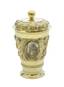 Silver-gilt cup with lid, decorated with spoons-shaped relief and medallions featuring chroniclers.
Unknown master, Russia, Saint Petersburg, 1741