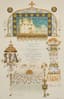 VASNETSOV APOLLINARY (1856-1933)
Menu for the lunch of village elders on May 18, 1896, at the Petrovsky Palace on the occasion of the Sacred Coronation of Their Imperial Majesties Nicholas II and Alexandra Feodorovna. Moscow: A.A. Levinson Printing Company, 1896.