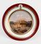 A Porcelain Plate with a hand painted view of the Kamennostrovsky Island Palace, after the painting by Semyon Schedrin, within gilt borders, the rim with a red outer band between gilt borders, monogram S and crown on top.
Russia, St Petersburg, Kornilov Brothers Porcelain Factory, late 19th century